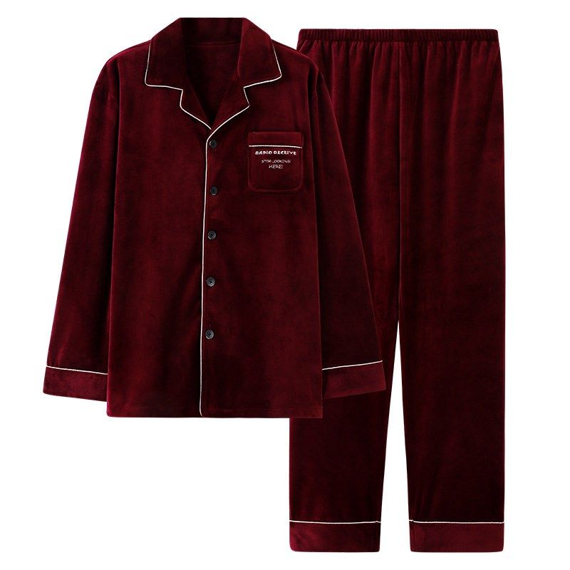 睡衣男秋款2023新款冬季红色老年人男款高级感海岛绒开门襟便尿口