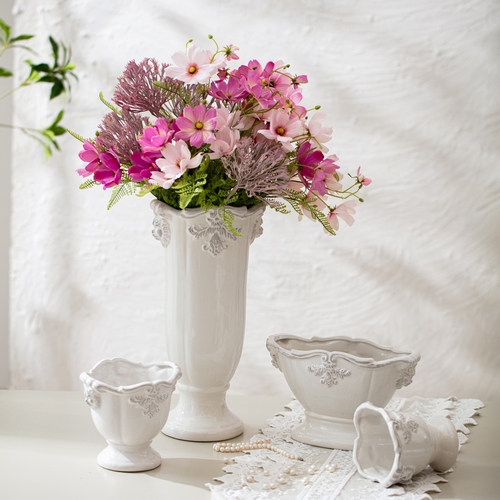 白色陶瓷花瓶法式复古水培插花花器客厅餐桌装饰摆件水养鲜花柱盆