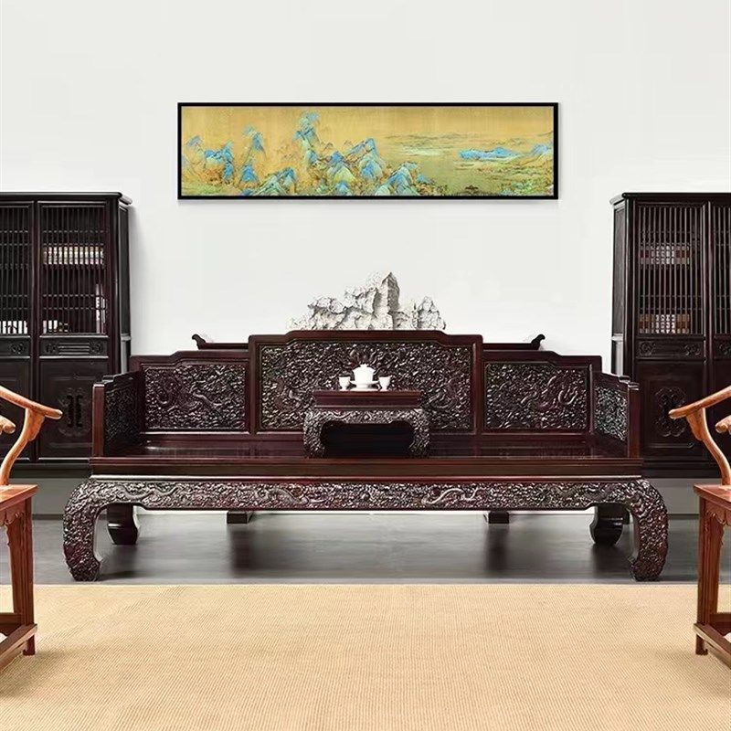 红木家具独板曲尺云龙罗汉床赞比亚血檀中式酒店客厅卧室办公室