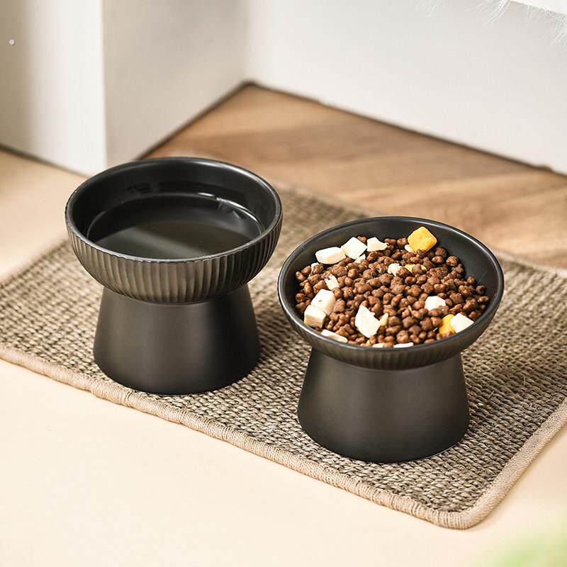 黑色猫碗陶瓷喝水碗宠物碗猫食盆猫咪饭碗双碗斜口高脚护颈防打翻