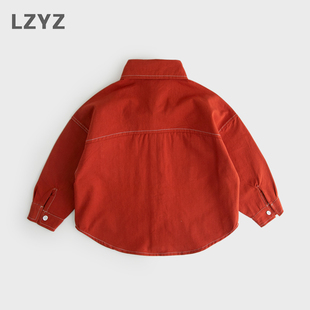 LZYZ童装儿童衬衫红色男童衬衣小童宝宝上衣2023春秋新款春装纯棉
