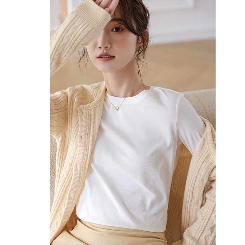 白色长袖t恤女2021年秋季新款修身内搭圆领黑色针织打底衫上衣