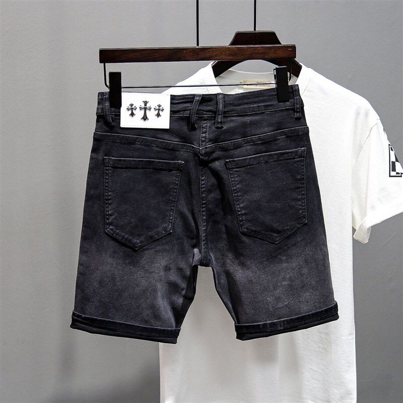 黑色牛仔短裤男2023夏季薄款修身小直筒渐变弹力百搭美式五分裤子
