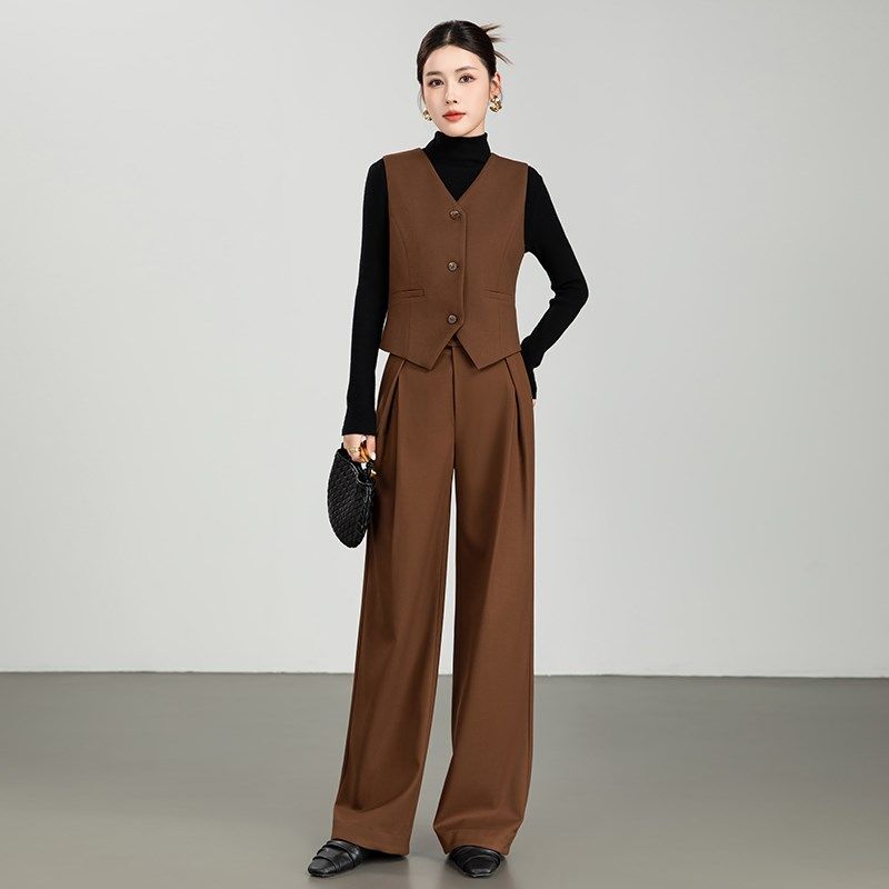 高级感精纺羊毛马甲阔腿裤两件套装女2024秋季新款宽松西装长裤子