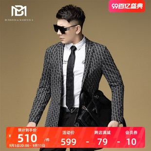BM网纹满花复古设计感西装外套男款高端修身男士休闲西服2024新款