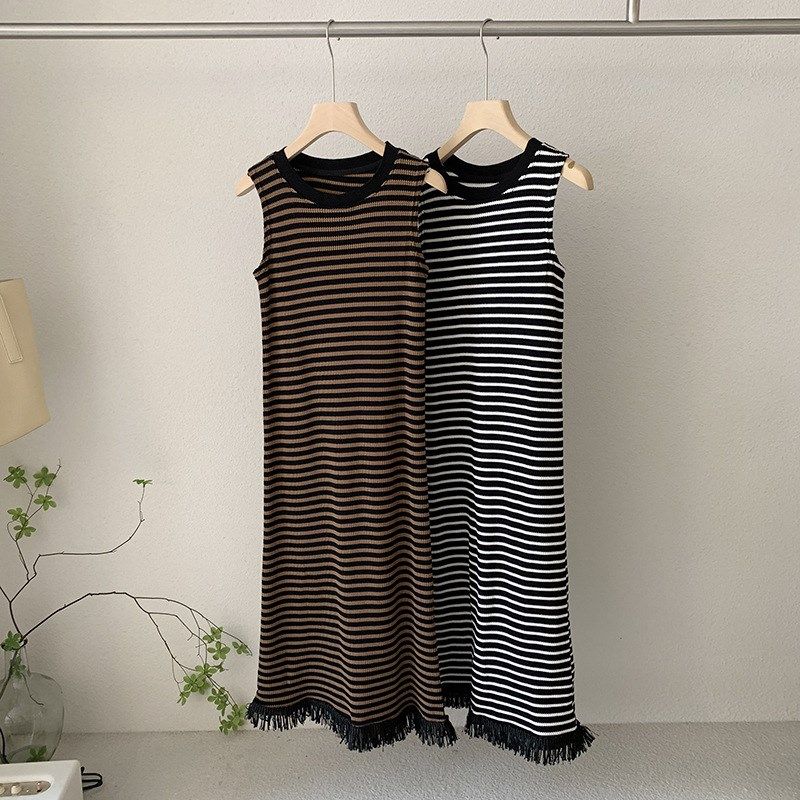 秋春新条纹流苏套头针织无袖背心连衣裙过膝长裙女修身显高瘦内搭,女装/女士精品,连衣裙,淘宝优惠券,粉丝福利购,淘宝优惠卷