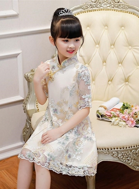 女童旗袍连衣裙夏儿童礼服公主裙古筝演出服女孩古装汉服2023新款