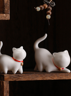 创意陶瓷迷你可爱招财小萌猫摆件禅意家居中式鱼缸流水盆景装饰品