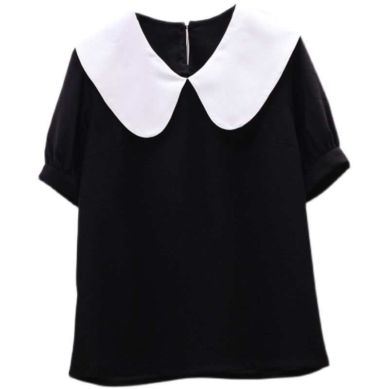 夏季短袖上衣女娃娃领雪纺衫大码宽松显瘦法式百搭洋气黑衬衣胖MM,女装/女士精品,蕾丝衫/雪纺衫,淘宝优惠券,粉丝福利购,淘宝优惠卷