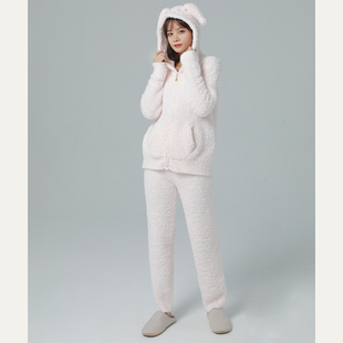 可爱兔耳朵软绵绵睡衣女冬半边绒针织加厚甜美家居服套装拉链帽衫