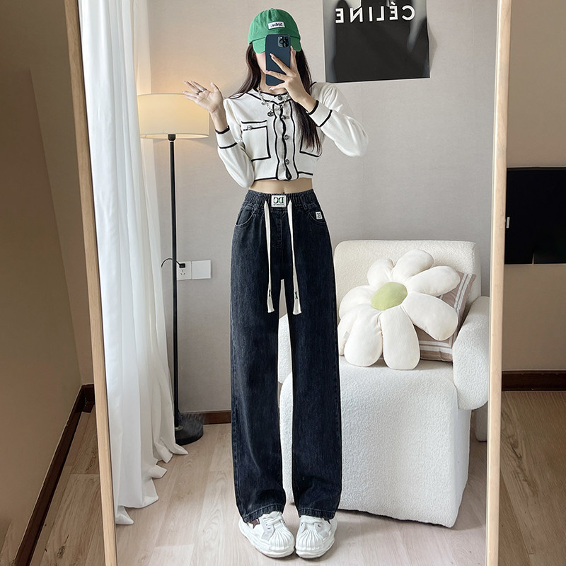 松紧腰牛仔裤女宽松直筒春秋小个子高腰休闲阔腿裤春季学生裤子女