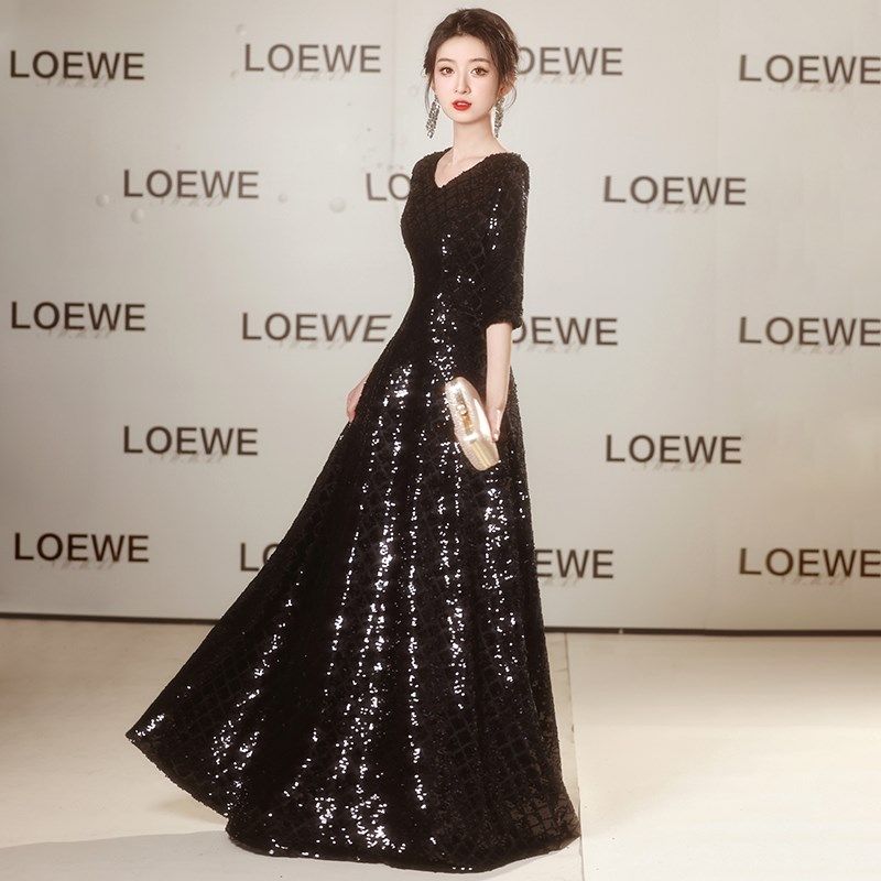 新款黑色合唱演出长款晚礼服装指挥钢琴主持年会走秀艺考大码长裙