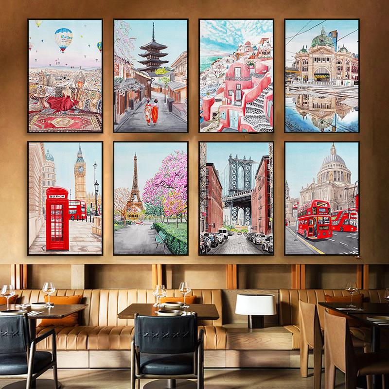 手绘风城市建筑装饰画世界著名地标挂画西餐厅客厅旅行风景壁画