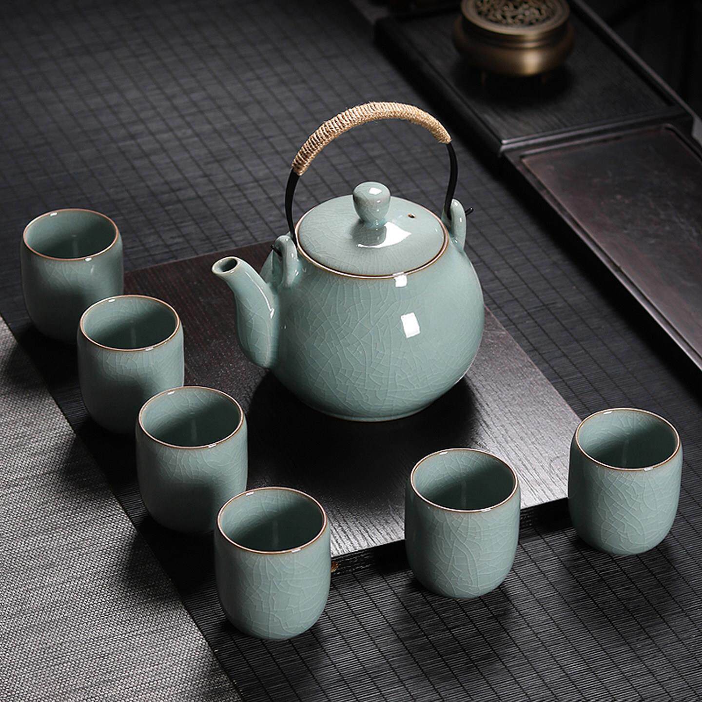 青瓷提梁泡茶壶大号功夫茶具套组家用龙泉冰裂陶瓷大容量茶杯整套