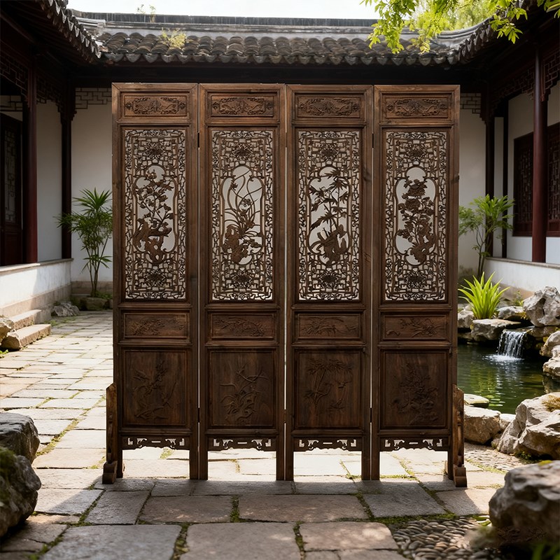 中式仿古屏风做旧镂空雕花实木隔断玄关折叠移动客厅复古装饰摄影