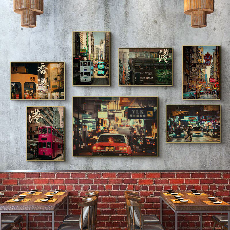 茶餐厅街景照片火锅店墙壁装饰画复画港式香港古老风挂画怀旧工业