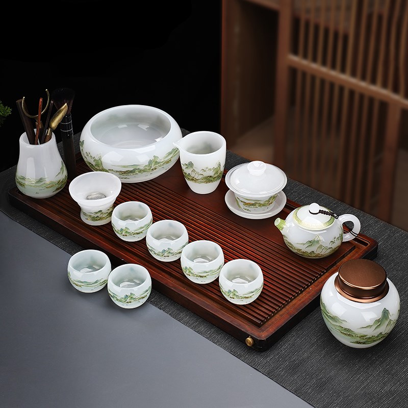 琉璃千里江山功夫茶具套装家用简约山水盖碗公道杯送礼整套茶具