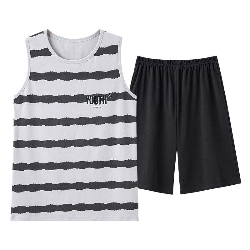 男款睡衣男士夏季纯棉薄款无袖背心短裤夏天大码卡通款家居服套装