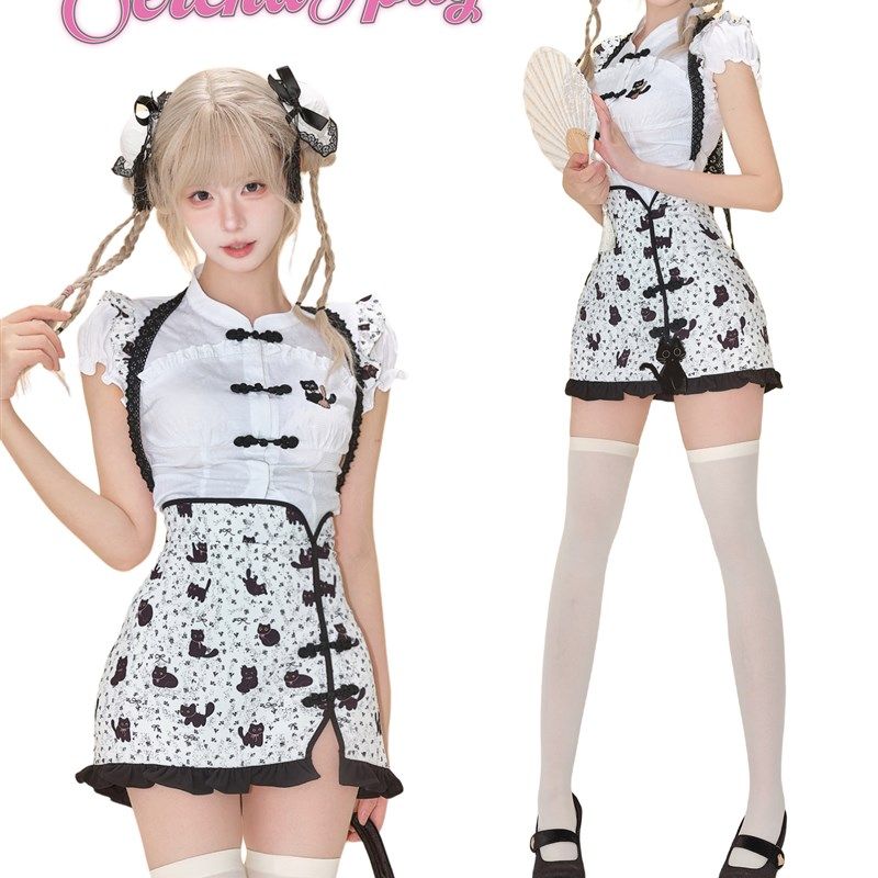 少女椰子角色系 猫咪物语  夏季套装女白色衬衫上衣+挂脖包臀裙