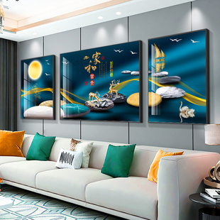 客厅装饰画新中式沙发背景墙挂画三联北欧轻奢大气晶瓷画镶钻壁画
