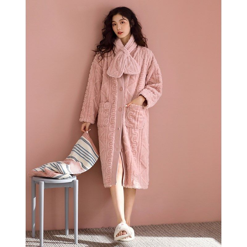 珊瑚绒睡袍女长款晨袍冬季加厚加绒高级感法兰绒睡衣冬款性感浴袍