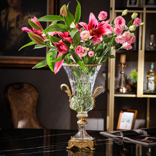水晶配铜花插装饰摆件家居软装玻璃花瓶轻奢豪宅饰品客厅玄关摆件