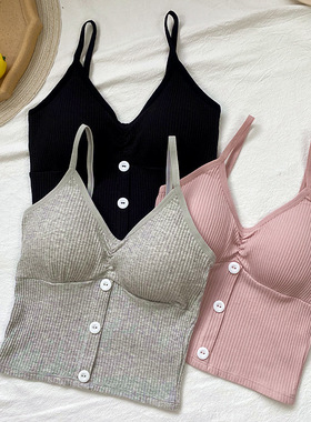 女夏装新款2020年时尚洋气美背吊带背心纽扣外穿显瘦V领白色上衣