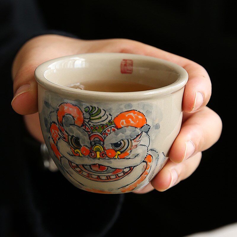 中式复古陶瓷手绘舞狮茶杯缸杯草木灰个人专用品茗杯主人杯情侣杯