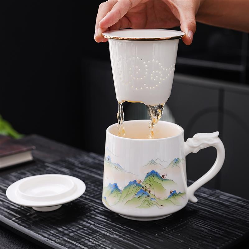 家用喝水杯定制陶瓷杯刻字送礼高档羊脂玉白瓷茶水分离办公泡茶杯
