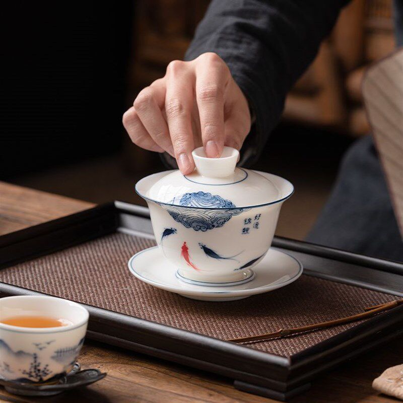 羊脂玉瓷手绘三才盖碗单个悬停敬茶杯青花功夫茶具盖子悬浮泡茶碗