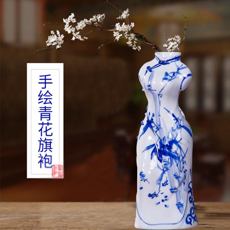 景德镇陶瓷器手绘青花瓷旗袍小插花瓶简约现代家居装饰工艺品摆饰