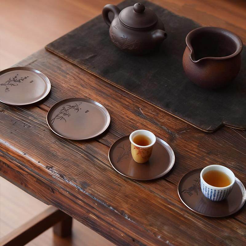 紫铜杯垫 茶托杯托 茶道铜垫隔热垫茶杯垫杯托垫雕刻梅兰竹菊松荷