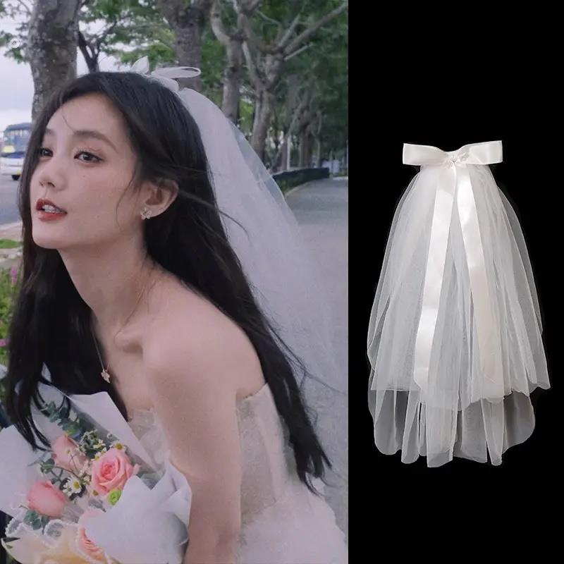 领证登记求婚头纱超仙拍照短款新娘结婚蝴蝶结蓬蓬纱公主生日面纱