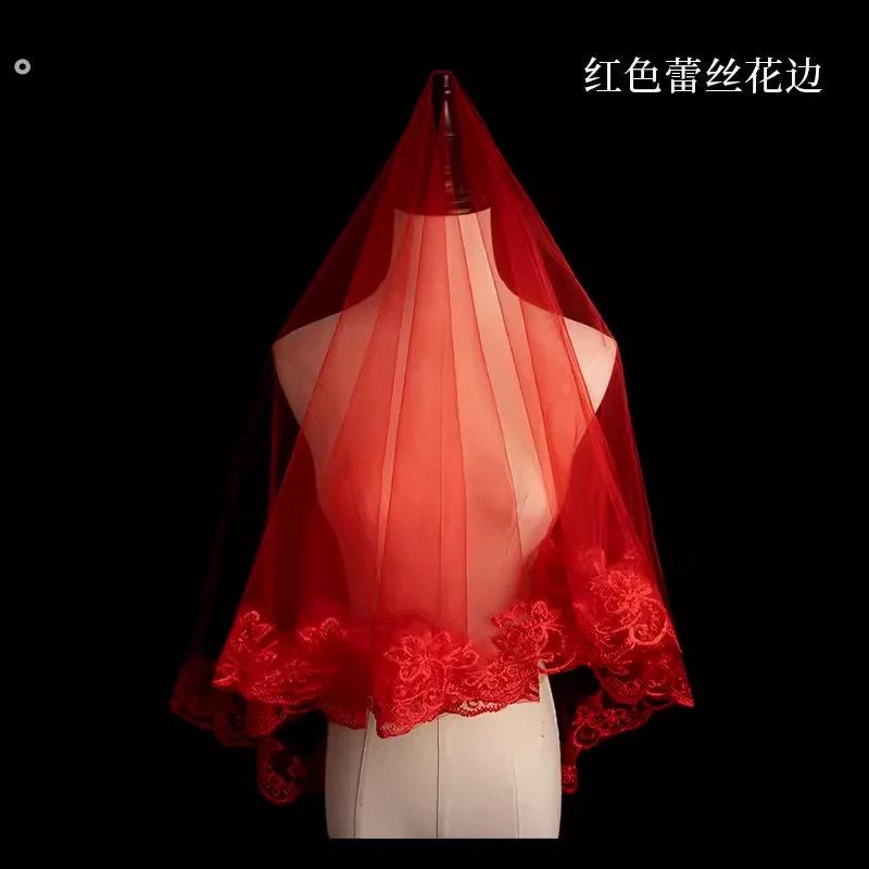 半透明红色头纱中国风结婚新娘软喜帕中式蒙头巾盖头秀禾头饰