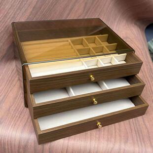 大三层高档精致胡桃木纹大三层耳针饰品头饰手饰桌面收纳盒