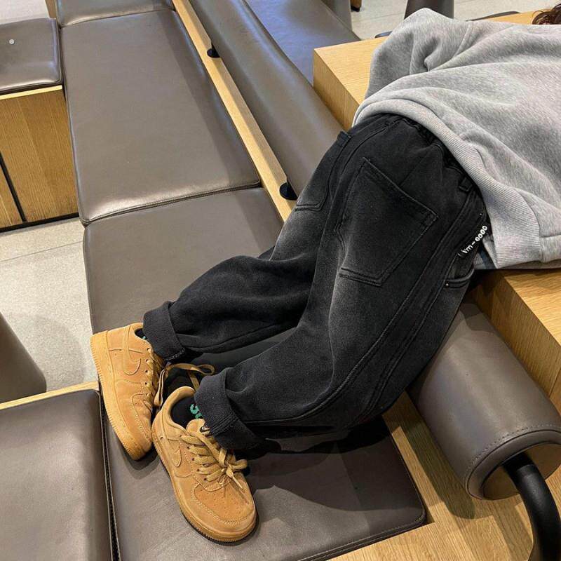 男童加绒裤子2024秋冬新款宝宝加厚一体绒长裤儿童宽松软牛仔裤潮