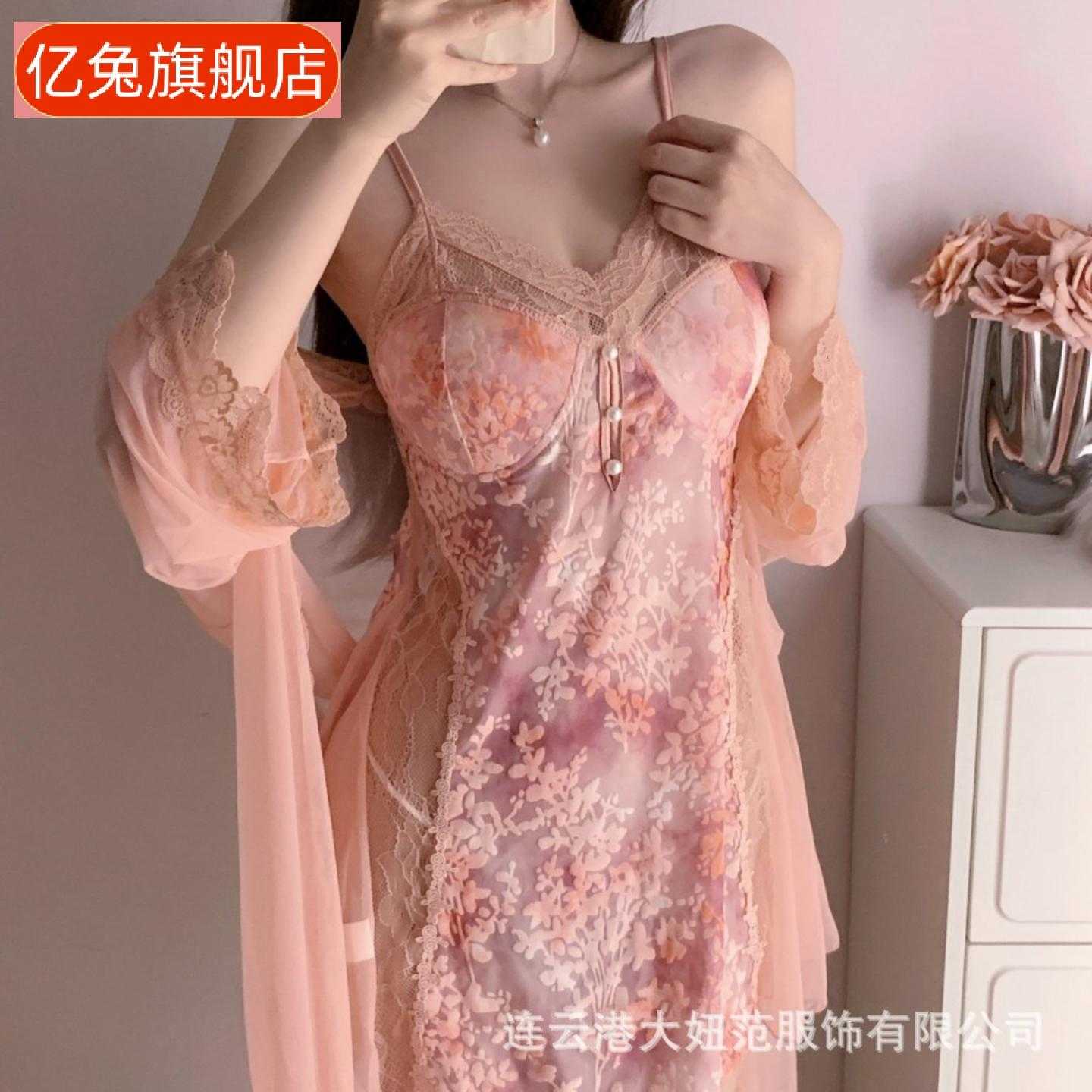 大妞范蕾丝吊带烧花睡裙套装带