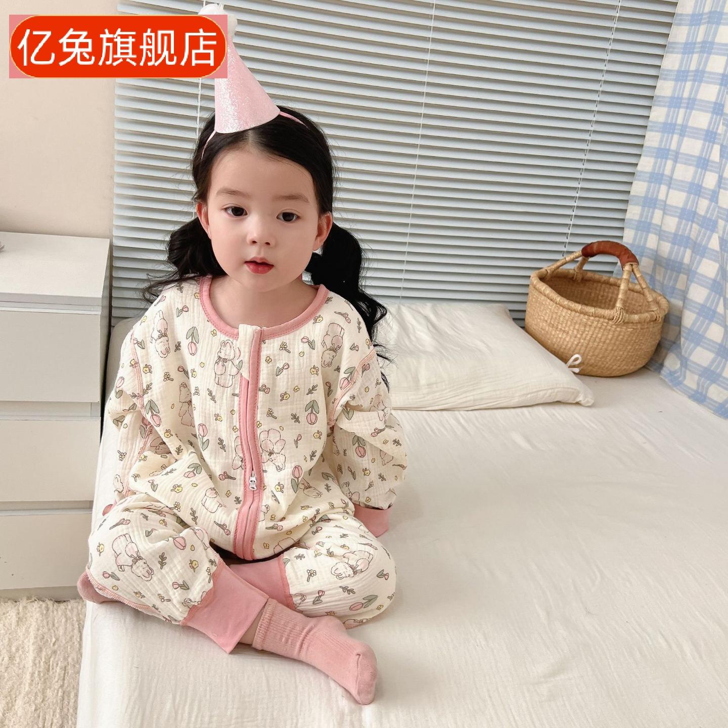 四季儿童长袖纱布连体衣爬服睡袋