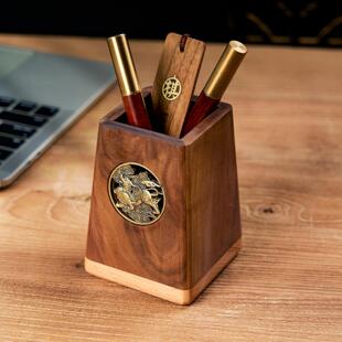 黑胡桃实木笔筒办公桌面收纳摆件教师节文创礼品送老师礼物定制