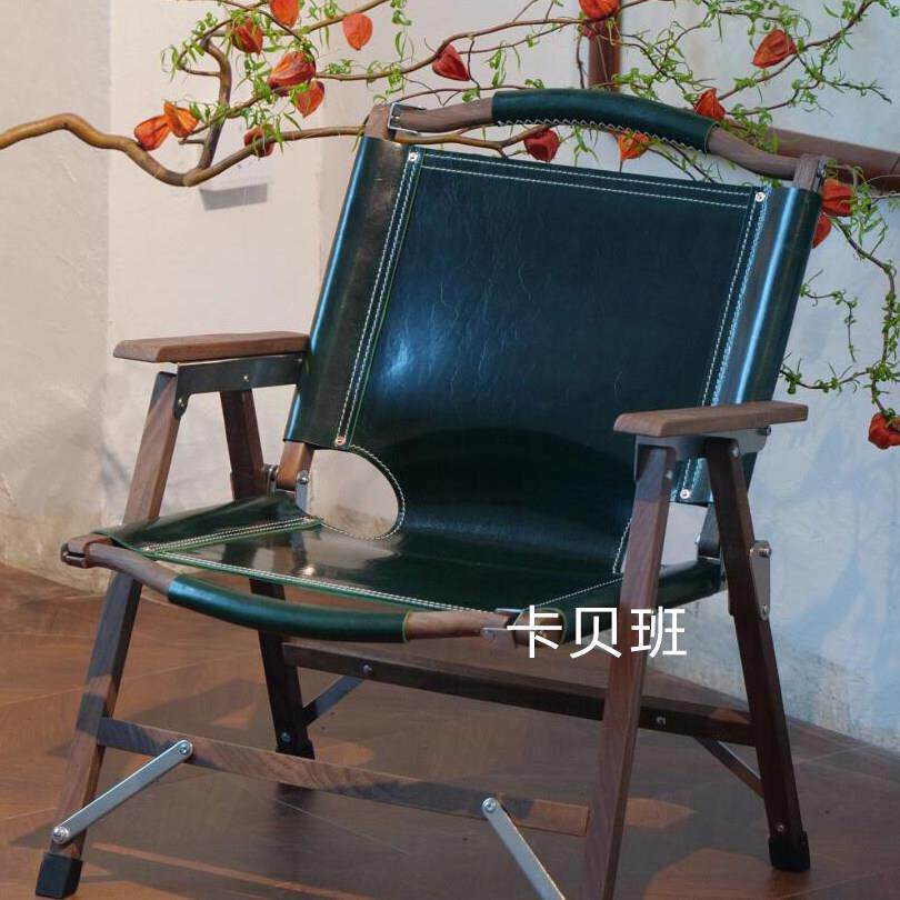 户外露营折叠椅实木马鞍皮休闲椅子沙发椅家用阳台躺椅靠背懒人椅
