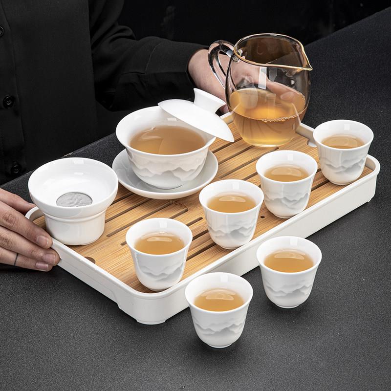 景德镇羊脂玉瓷功夫茶具套组白瓷家用办公泡悬停茶盖碗陶瓷茶杯茶