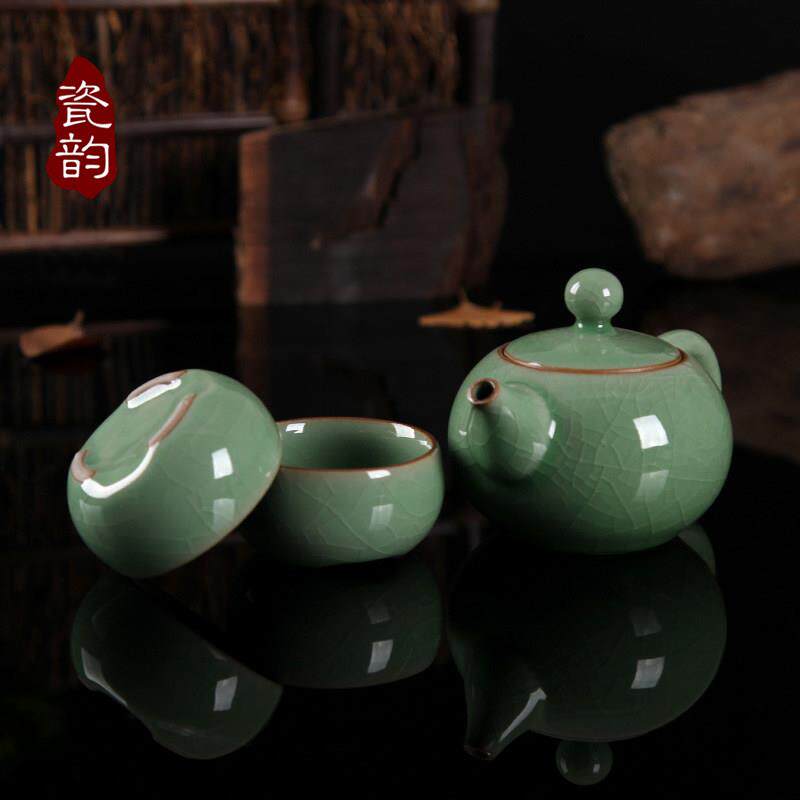 亲韵青瓷正品哥窑手工过滤茶壶茶杯整套陶瓷功夫茶具一壶两杯