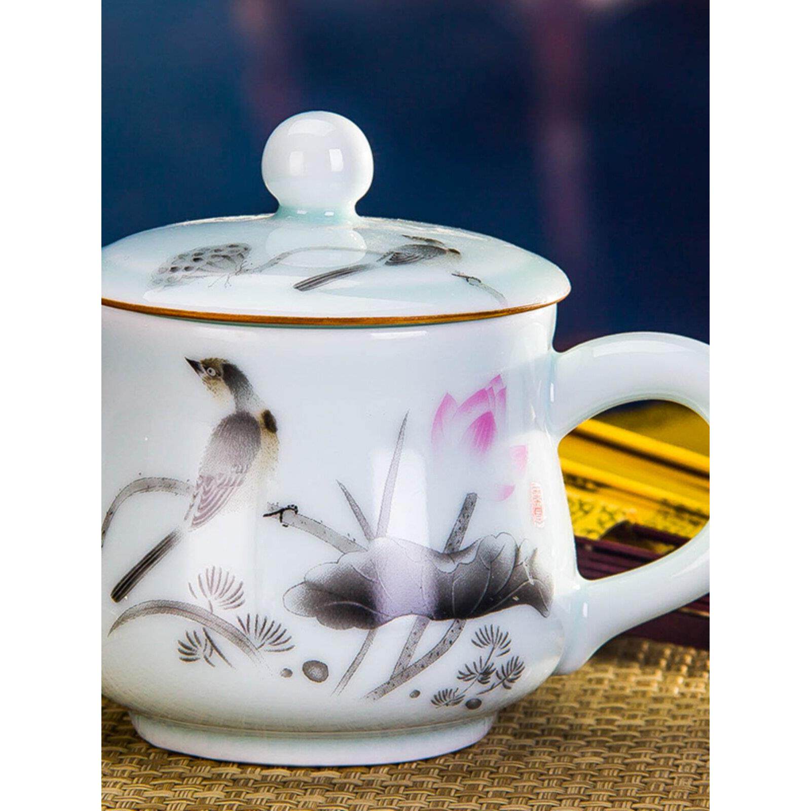 陶瓷杯茶杯水杯杯子带盖景德镇办公杯骨瓷茶具山水中式仿古复古