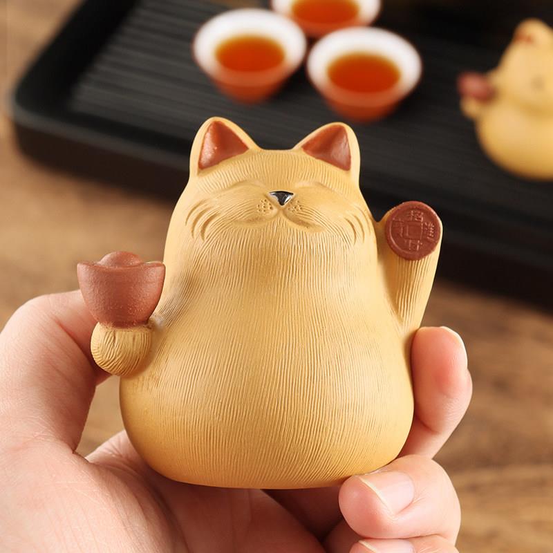 招财猫紫砂茶宠小摆件麻将牌段泥茶道配件精品可养紫泥茶玩装饰品