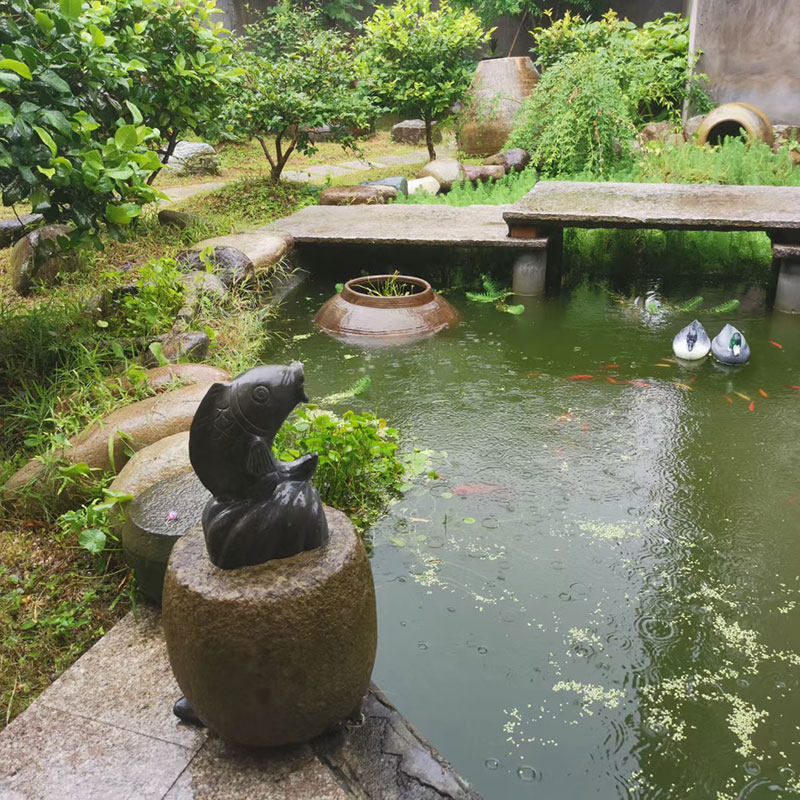 石雕吐水石鱼槽子鱼缸流水摆件阳台客厅鱼塘假山流水装饰物工艺品