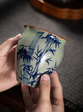 老陶泥青花瓷公道杯 手绘竹子兰花荷花均匀杯 复古开片茶具分茶器