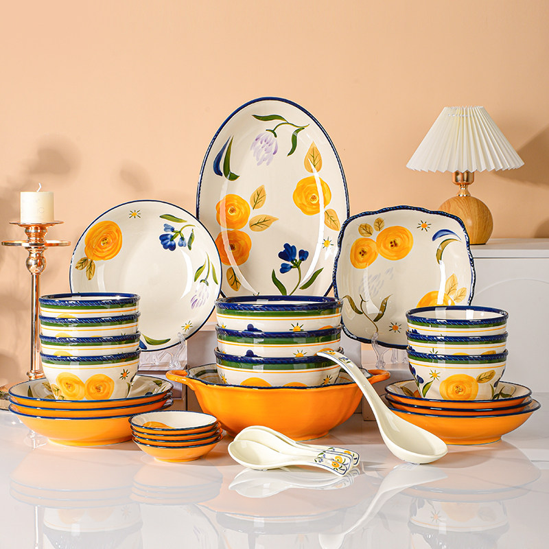 高颜值植物花卉图案陶瓷家用饭盘瓷碗餐具组合套装乔迁送礼适用装,餐饮具,碗,淘宝优惠券,粉丝福利购,淘宝优惠卷