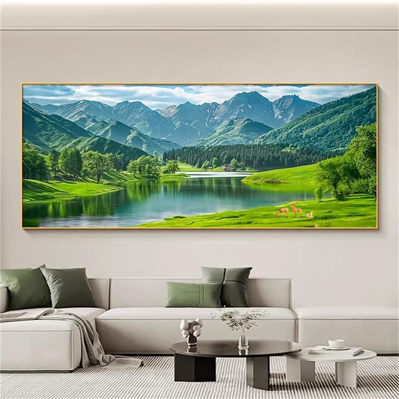流水生财横版装饰画青山绿水客厅沙发背景墙挂画水晶瓷壁画风景画