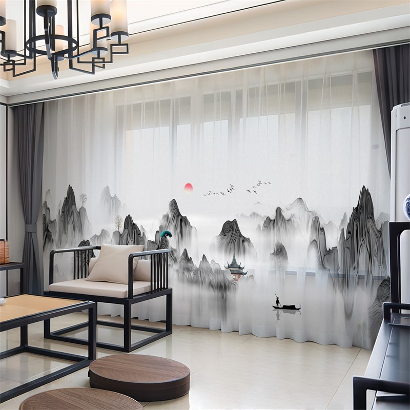 新中式窗帘遮光中国风景古典山水墨画客厅阳台透光不透人隔断纱帘