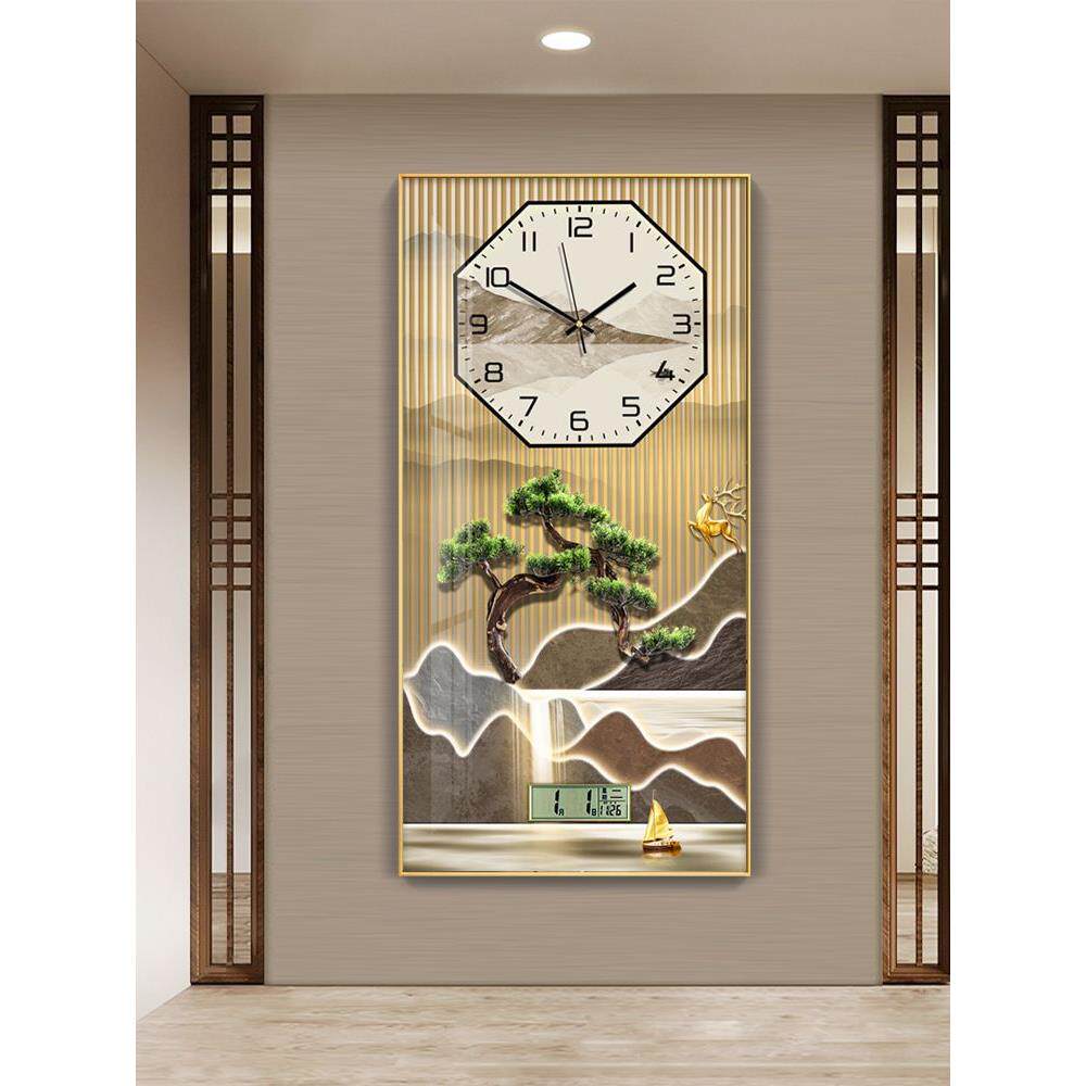 现代中式客厅饭厅钟表挂钟迎客松金鹿装饰画表挂墙时钟横版带日历